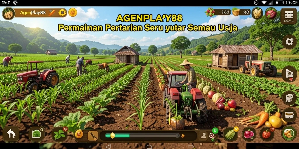 Tampilan gameplay AGENPLAY88 dengan ladang subur dan hewan ternak.