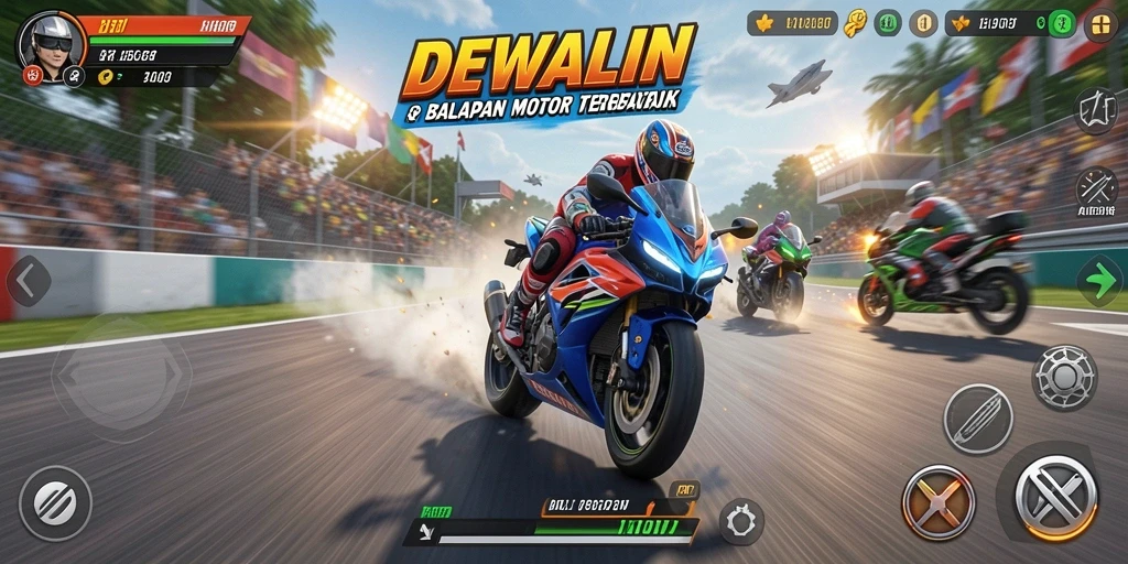 Screenshot gameplay DEWALIN menampilkan balapan motor yang seru dan mendebarkan.