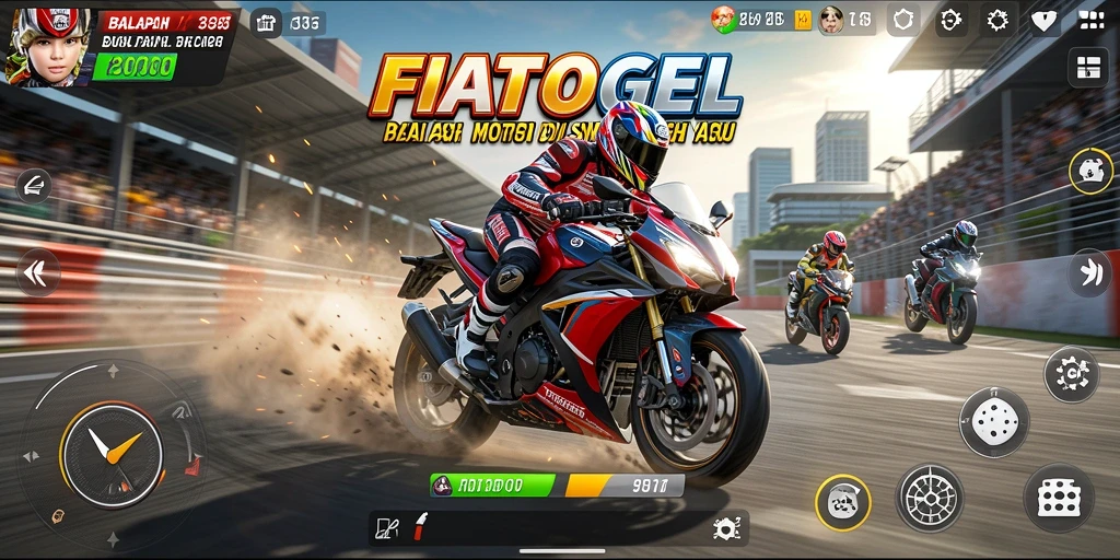 Screenshot gameplay FIATOGEL yang menunjukkan balapan motor yang seru.